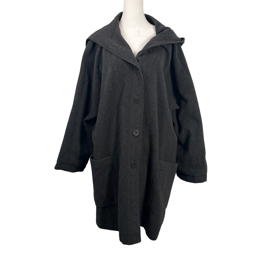 Eileen Fisher Wool Hooded Coat Womens Large Gray Oversized Long Jacket